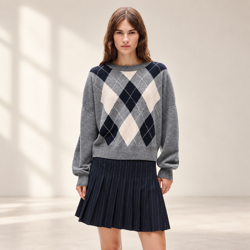 Cashmere Blouson-Sleeve Sweater in Argyle
