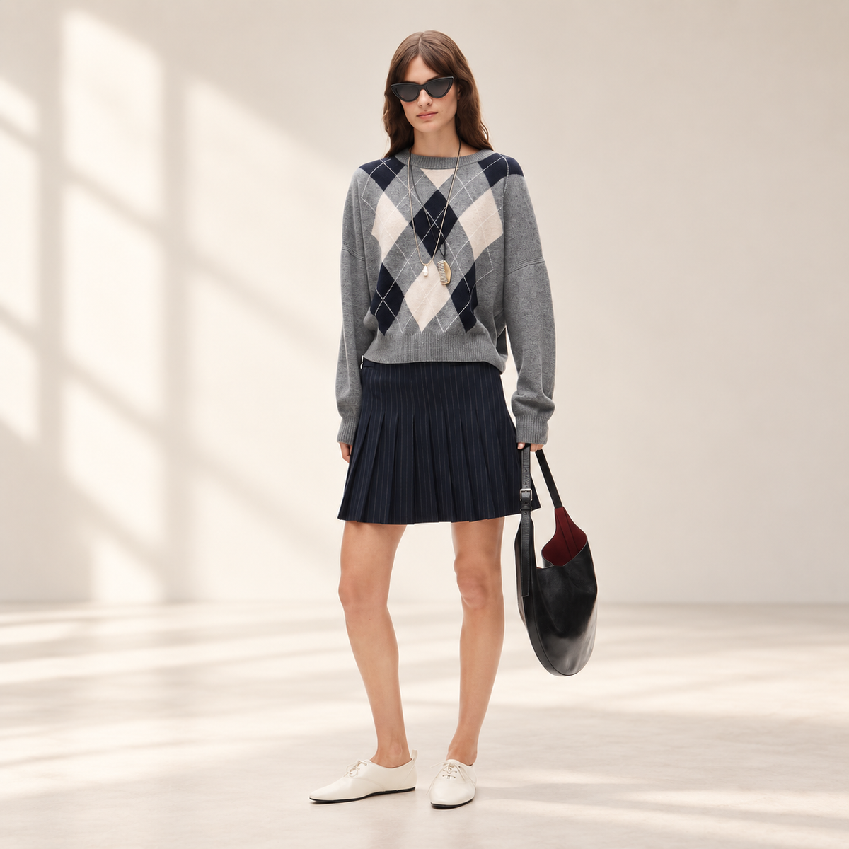 Cashmere Blouson-Sleeve Sweater in Argyle