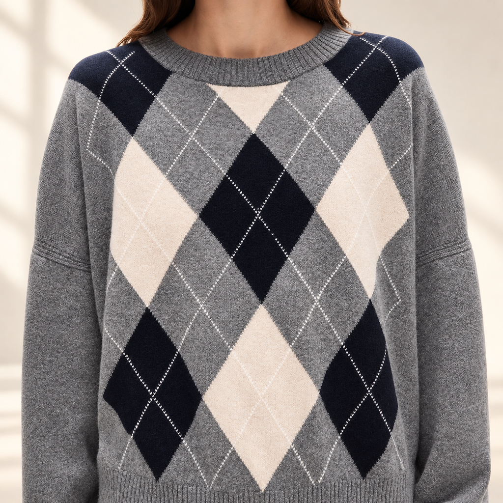 Cashmere Blouson-Sleeve Sweater in Argyle