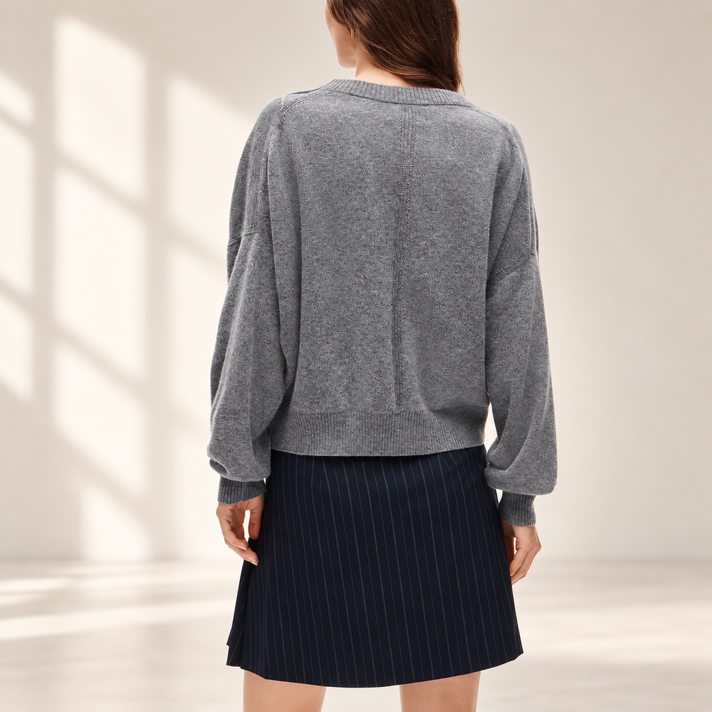 Cashmere Blouson-Sleeve Sweater in Argyle