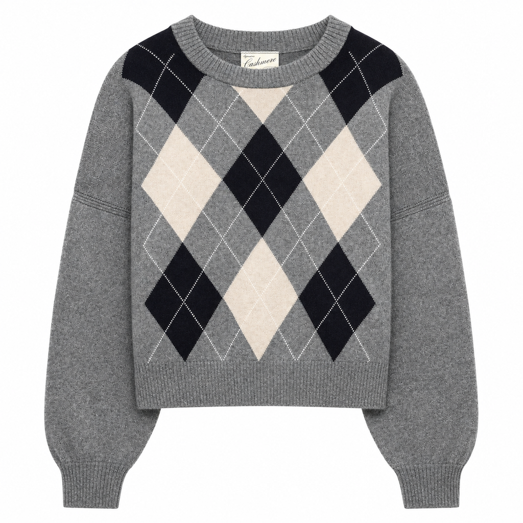 Cashmere Blouson-Sleeve Sweater in Argyle