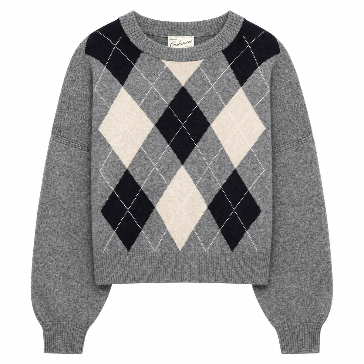 Cashmere Blouson-Sleeve Sweater in Argyle